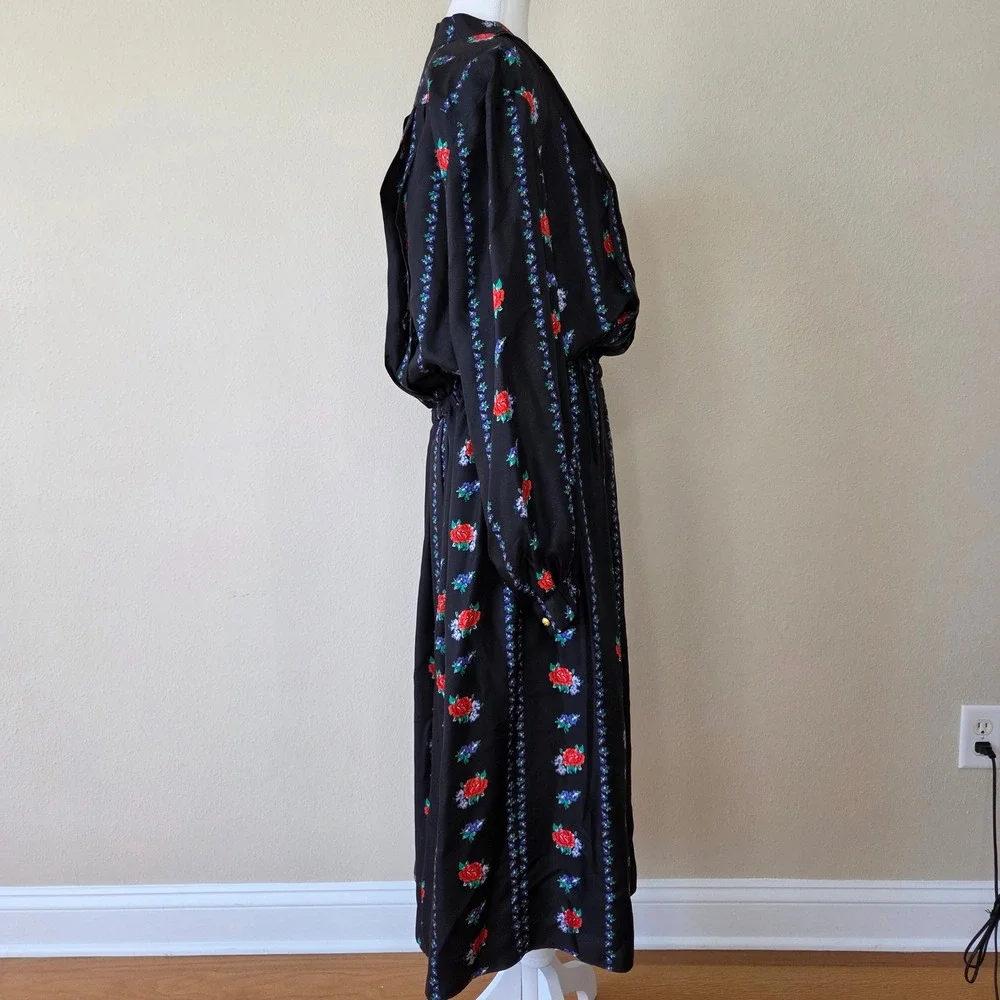EUC Tory Burch Black 100% Silk Floral Rose Stripe Pleated Midi Dress Size 14 - Picture 4 of 7